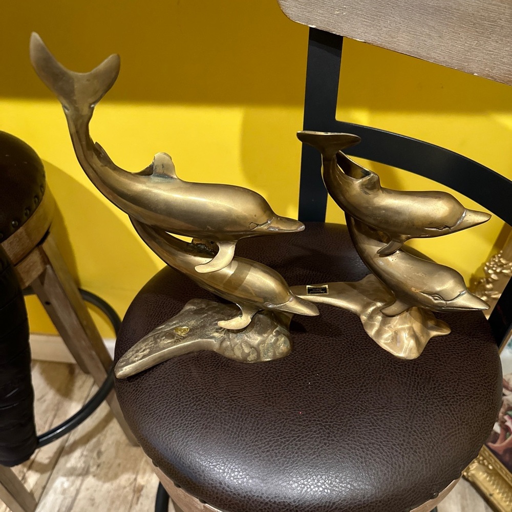 Vintage BRASS Double DOLPHIN SCULPTURE  Swimming Nautical Sea  15 1/4" tall